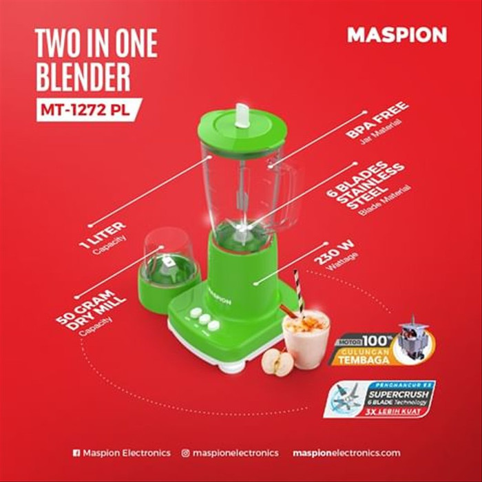 Maspion Blender Plastik Anti Pecah 2in1 1 Liter - MT1272PL | MT-1272 PL - Hijau